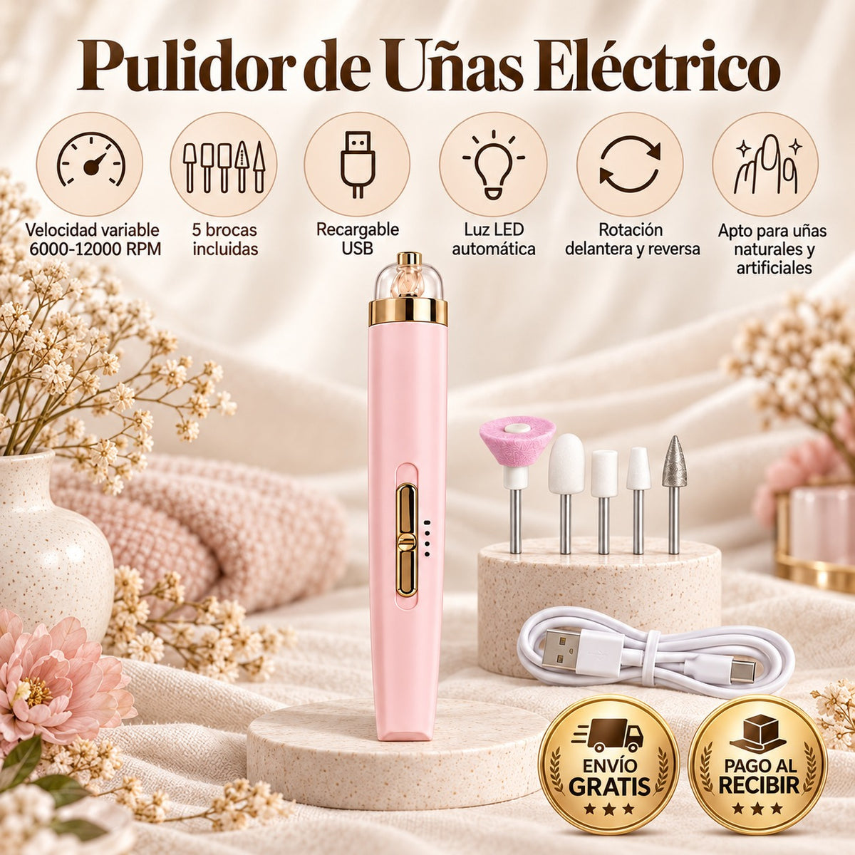 Pulidor de Uñas Eléctrico Recargable para Manicure y Pedicure