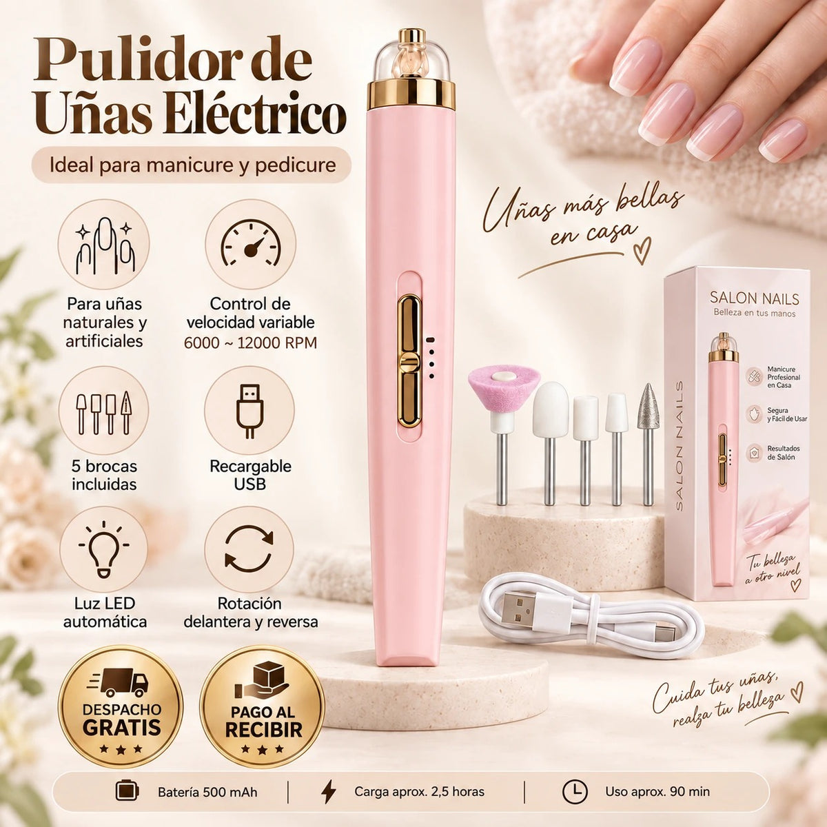 Pulidor de Uñas Eléctrico Recargable para Manicure y Pedicure